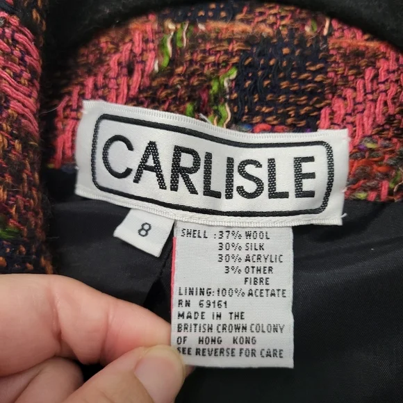 Carlisle Women's Vintage Plaid Tweed Jacket Blazer Size 8 Black Orange Pink Wool - Picture 2 of 7
